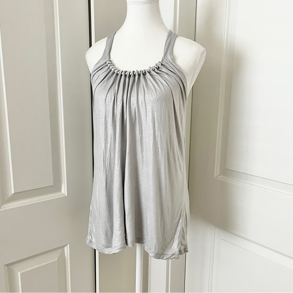 French Connection Mod Silver Halter Glam Boho Blouse w/ Beaded Detail – Medium - Picture 3 of 11